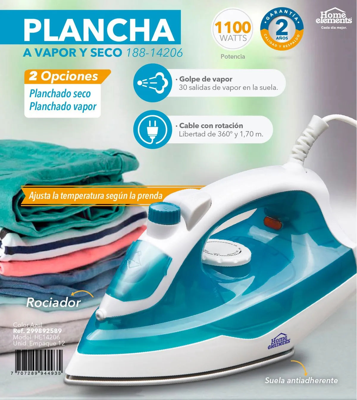 Plancha 2 en 1 Home Elements a Vapor y Seco
