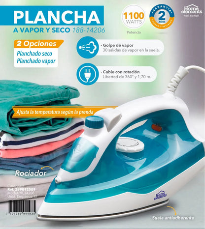 Plancha 2 en 1 Home Elements a Vapor y Seco