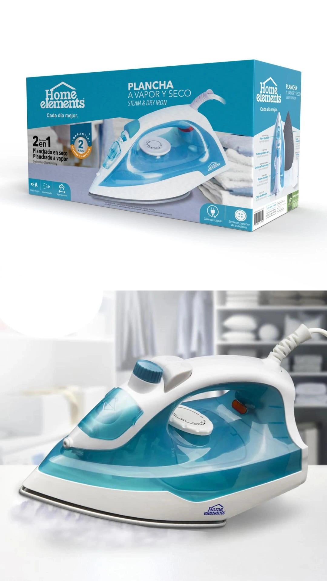 Plancha 2 en 1 Home Elements a Vapor y Seco