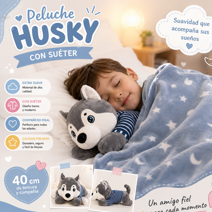 PELUCHE CON COBIJA HUSKY CON SUETER