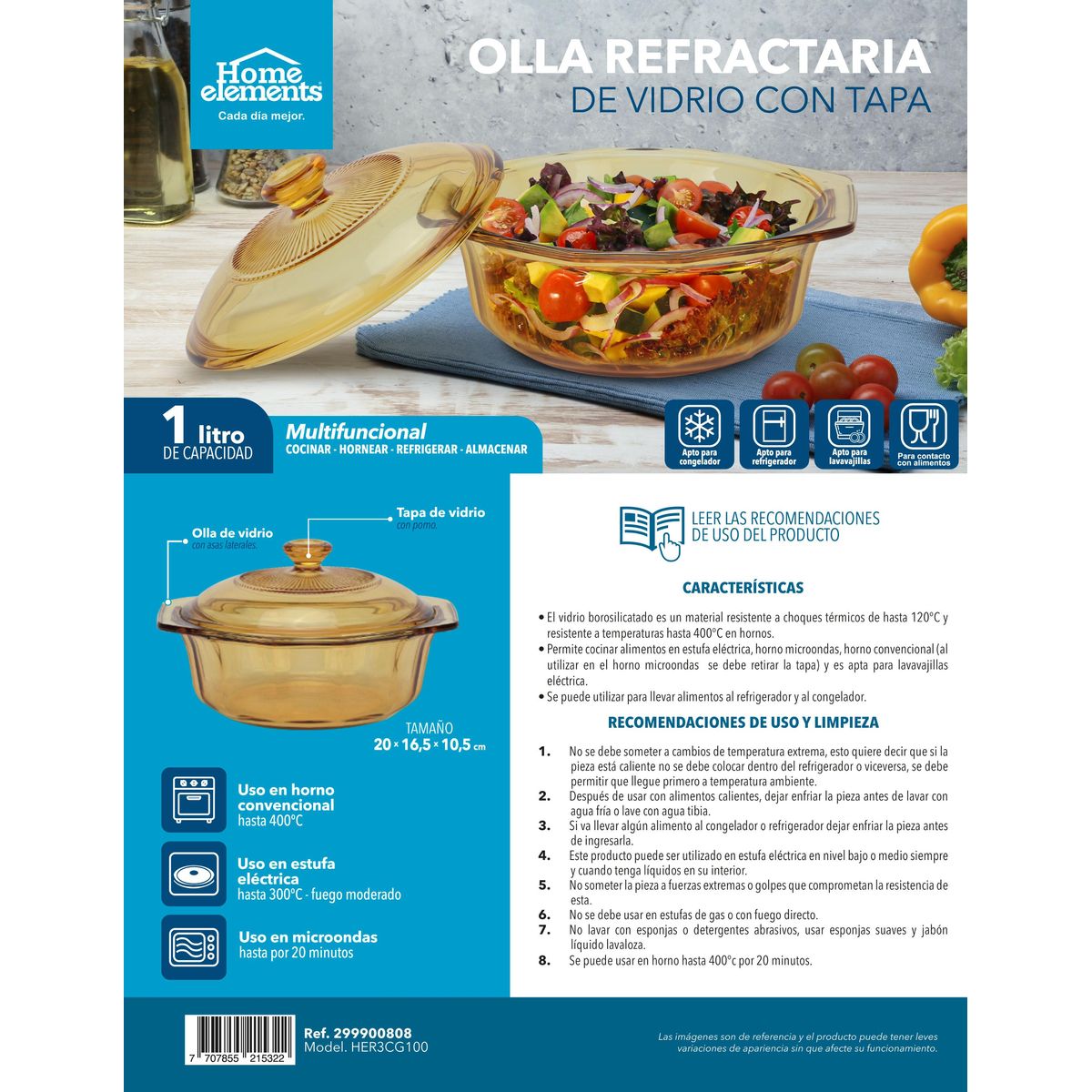 Olla refractaria de vidrio con tapa home Elements