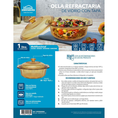 Olla refractaria de vidrio con tapa home Elements