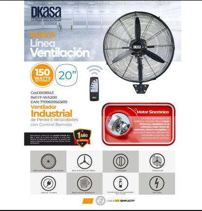 Ventilador Industrial Simplicity de Pared, Dkasa 20"