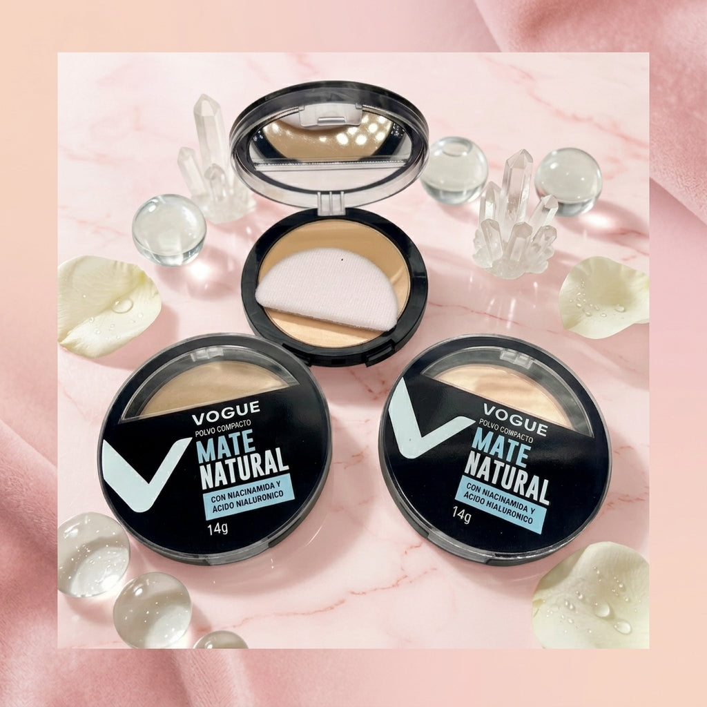 Polvo compacto Vogue matte natural con Niacinamida y ácido hialurónico.